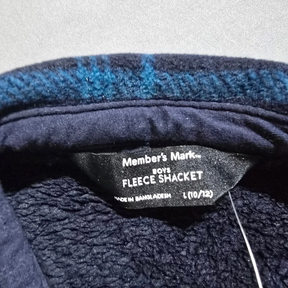 Member's Mark Fleece Shacket Boys L 10/12 Blue Black Plaid Sherpa Lined Jacket